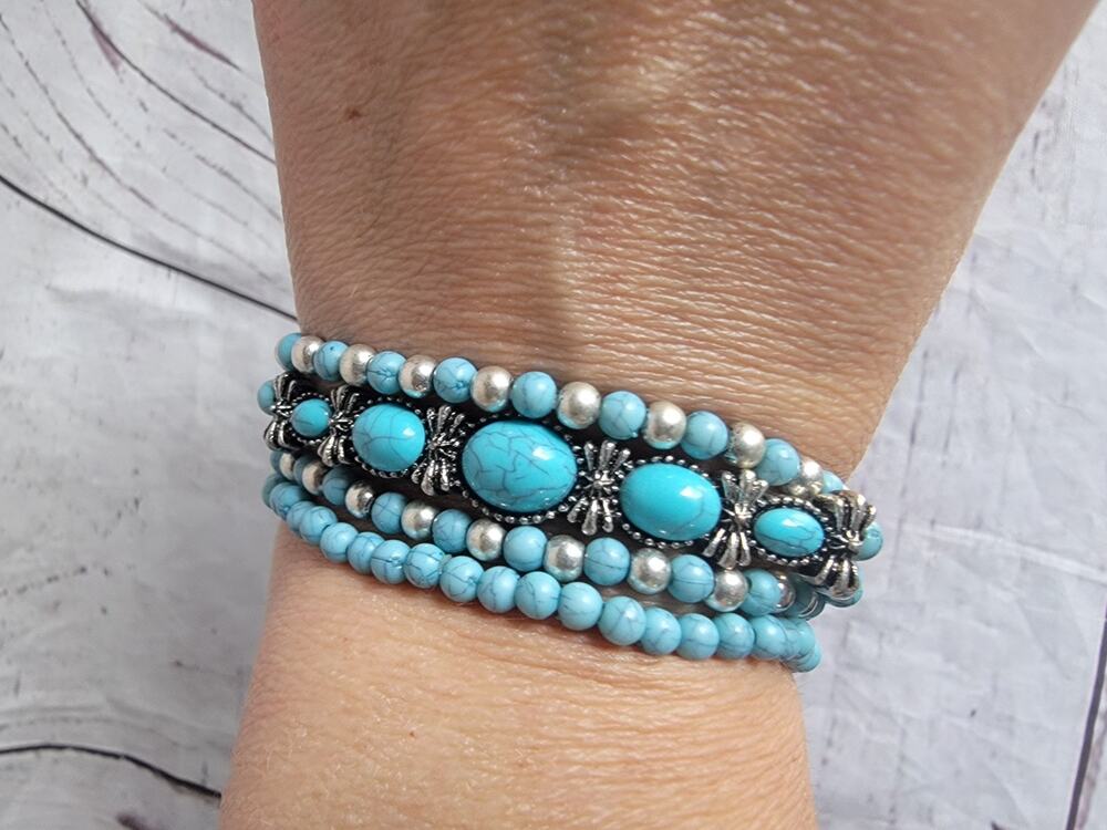 4 Silver Turquoise Stones Bangles Stackable Stretchy Bracelets Boho Lot